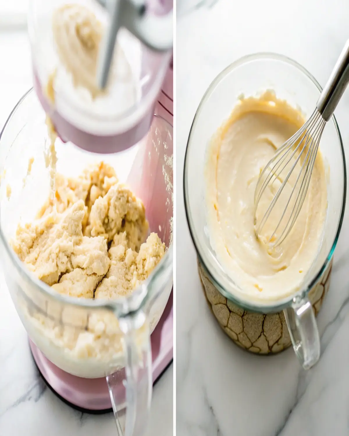 0e417eaa-3877-4832-ac04-d0407bf9444e Mixing stages of vanilla quarter sheet cake batter in glass bowls