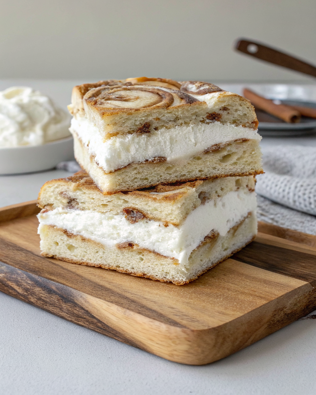 Cinnamon Roll Focaccia Filled with Cream Cheese Frosting Stacked slices of cinnamon roll focaccia with whipped cream cheese filling on wooden board.