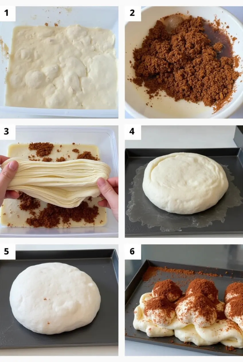 Cinnamon Roll Foccacia steps making dough-dimpling-baking-glazing