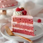 Slice of pink velvet cake with raspberries and whipped cream.