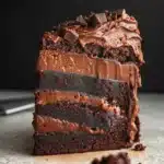 Slice of rich chocolate cake made by baking with protein powder