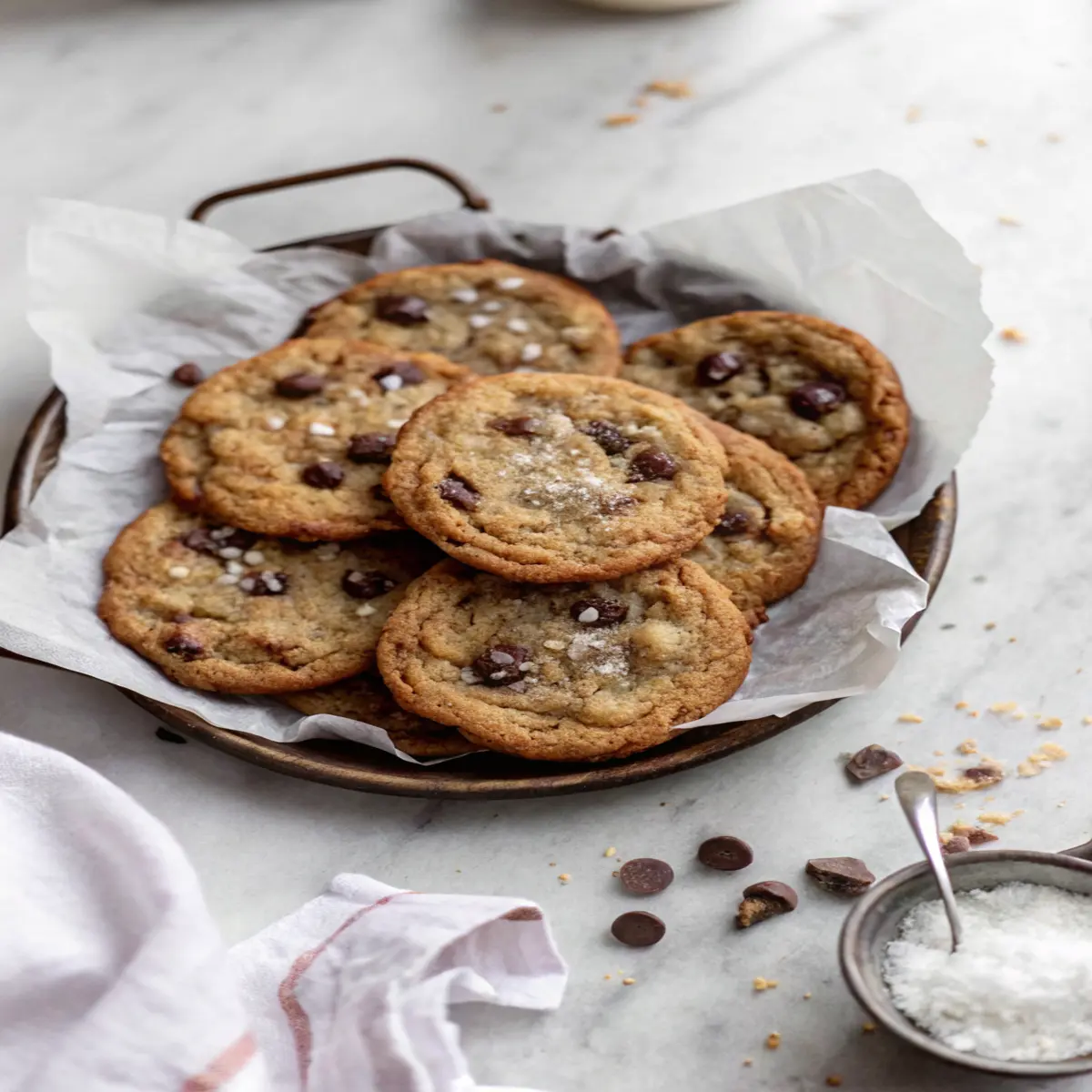Banana bread cookies recipe with chocolate chips and sea salt served on parchment paper in a rustic tray