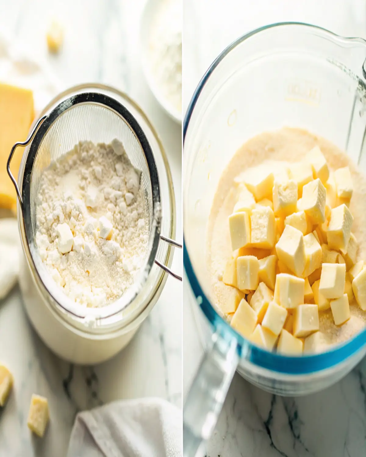 be02738c-05a7-425c-8f95-db2c03df1663 (1) Sifted flour and cubed butter ready for vanilla quarter sheet cake batter