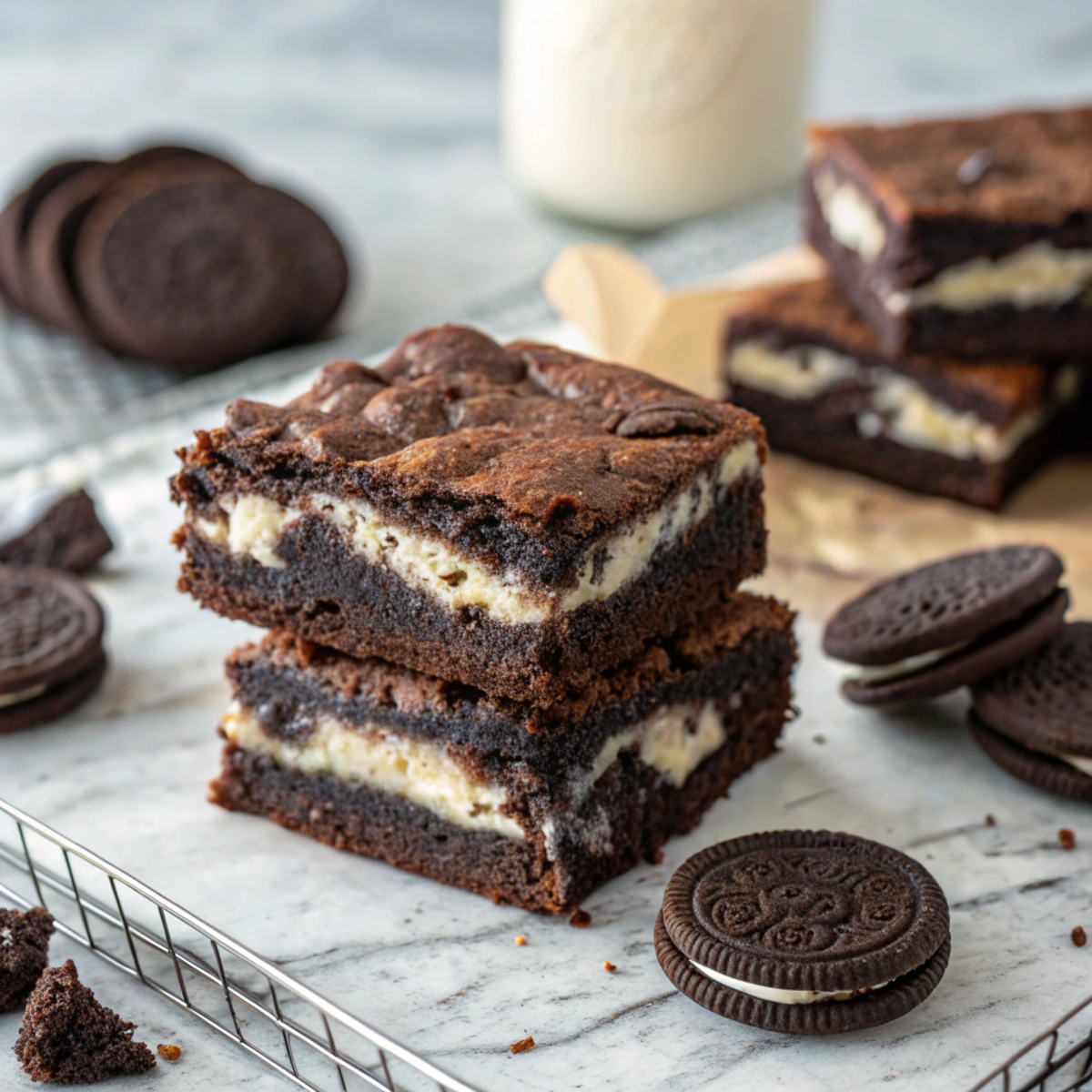Stack of cookies and cream brownies with Oreo and cream cheese layers