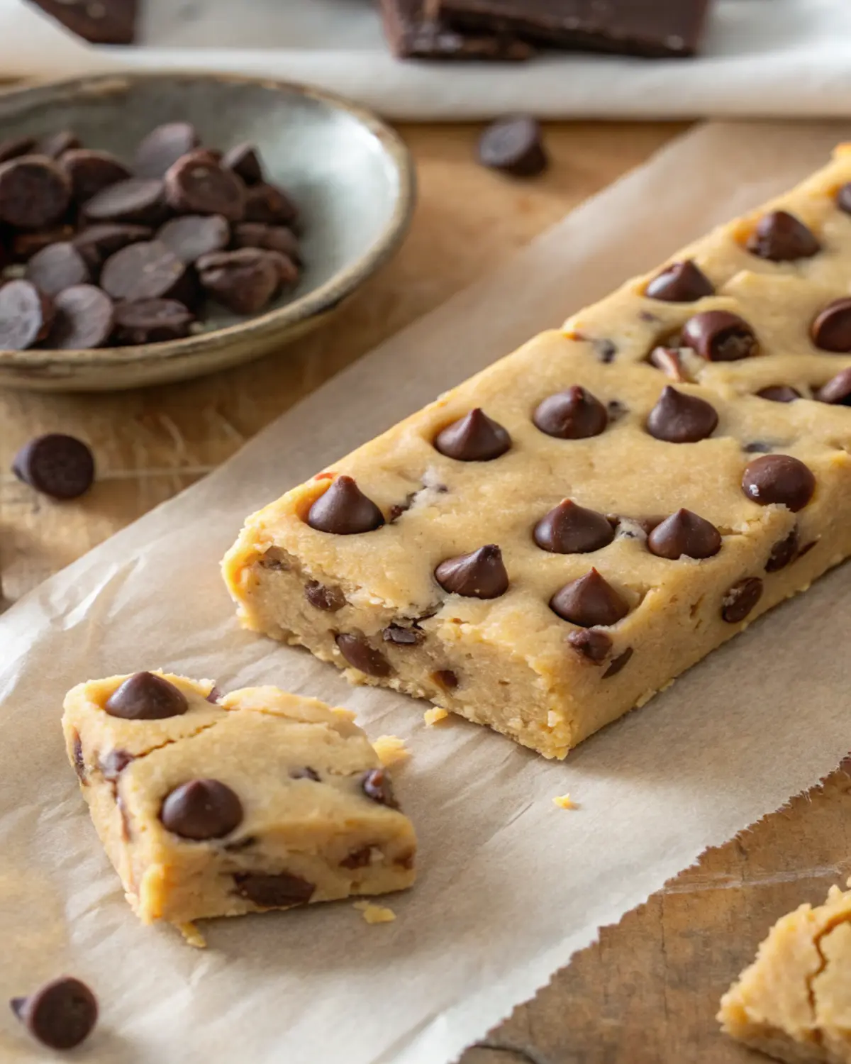 cookie-dough-protein-bar-closeup Close-up of a single cookie dough protein bar topped with chocolate chips on parchment paper