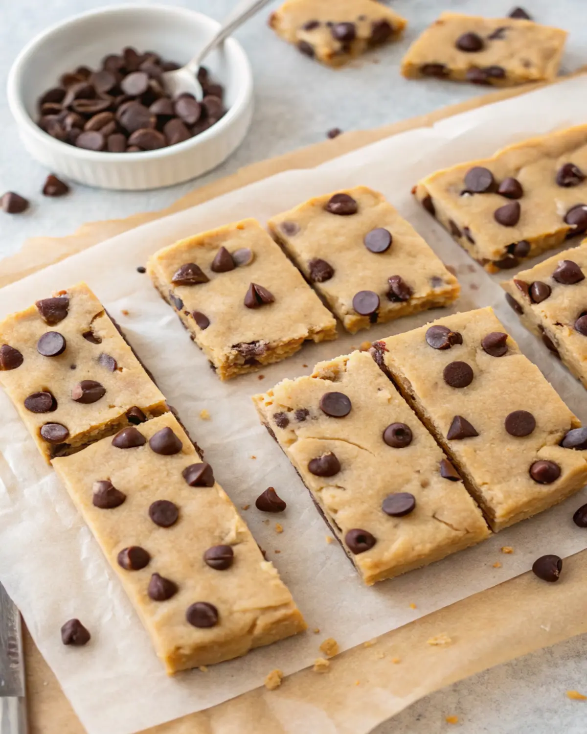 cookie-dough-protein-bars Homemade cookie dough protein bars topped with chocolate chips on parchment paper
