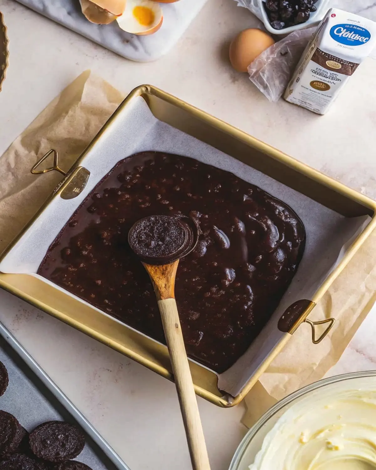cookies-and-cream-brownies-batter-in-pan Brownie batter being spread in a gold pan with wooden spoon for cookies and cream brownies
