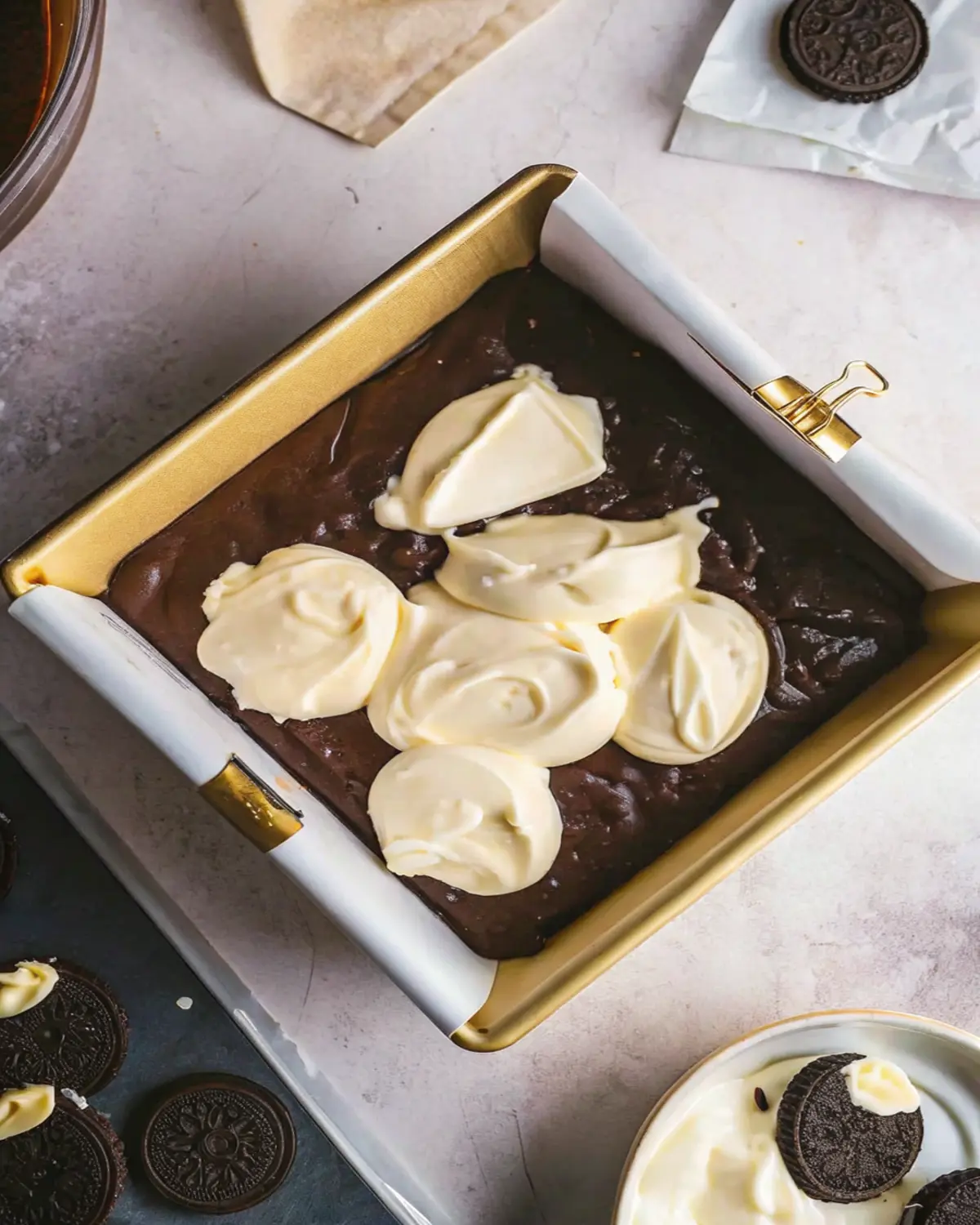 cookies-and-cream-brownies-cream-layer Cream cheese layer added on top of brownie batter for cookies and cream brownies