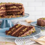 A slice of Dubai chocolate cake with pistachio filling and chocolate frosting on a ceramic plate