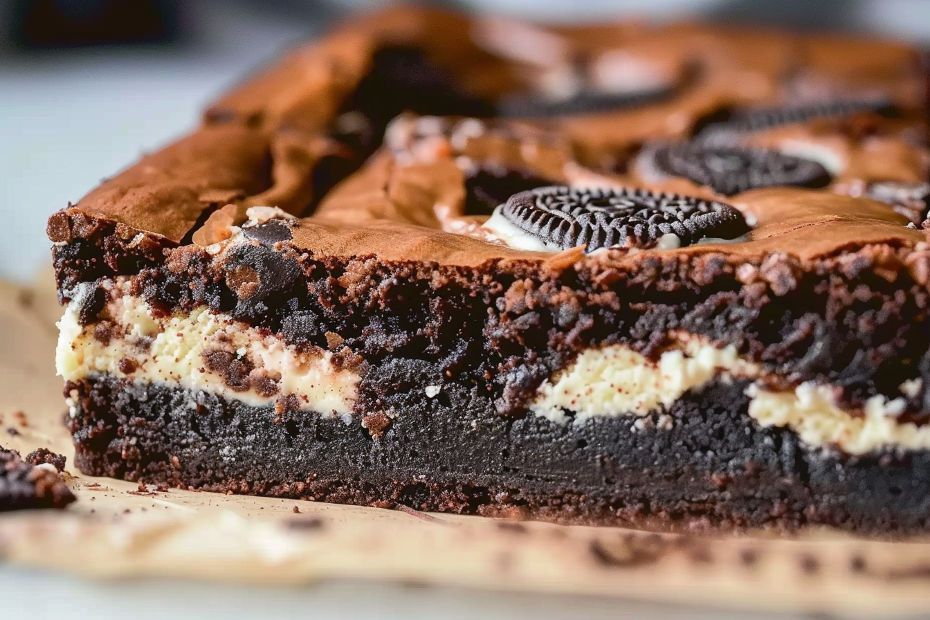 gooey-cookies-and-cream-brownie-slab Gooey slab of cookies and cream brownies with Oreo and cheesecake layers