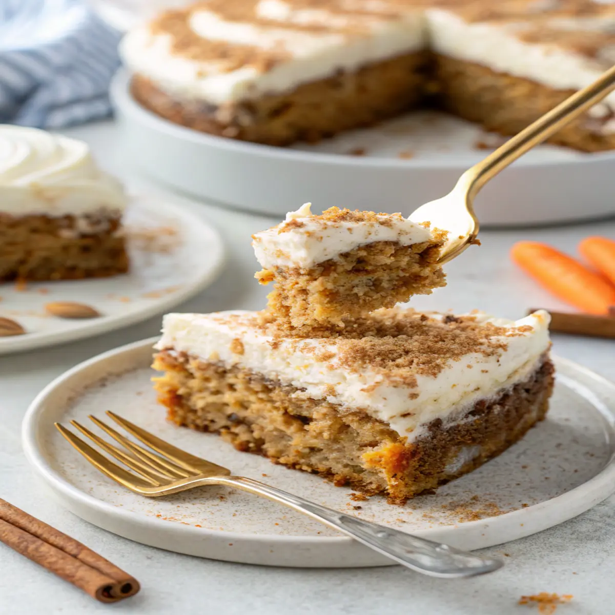 Moist carrot oat cake topped with healthy cream cheese frosting and a cinnamon sprinkle
