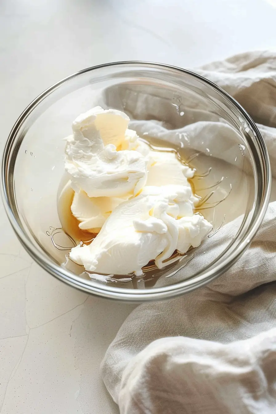 healthy-cream-cheese-frosting-ingredients Cream cheese, yogurt, and maple syrup in a glass bowl for healthy frosting