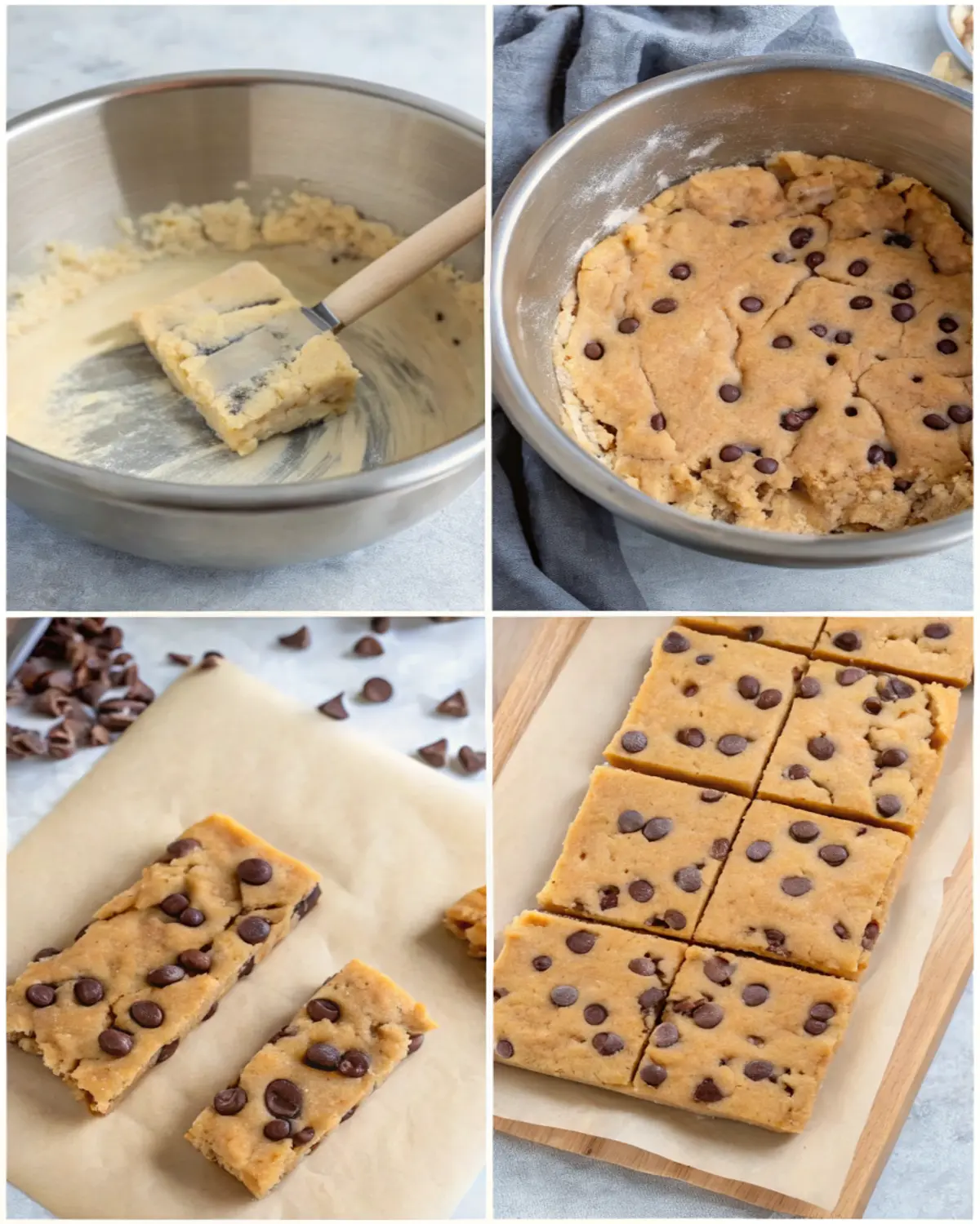 how-to-make-cookie-dough-protein-bars 4-step collage showing how to make cookie dough protein bars with chocolate chips