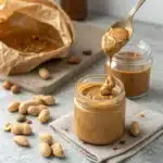 Glass jar of peanut butter with crunchy texture, surrounded by raw peanuts and a spoon dripping with creamy spread