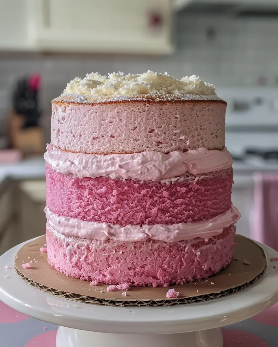 pink-velvet-cake-unfrosted-layers Three-layer pink velvet cake with cream filling on cake turntable