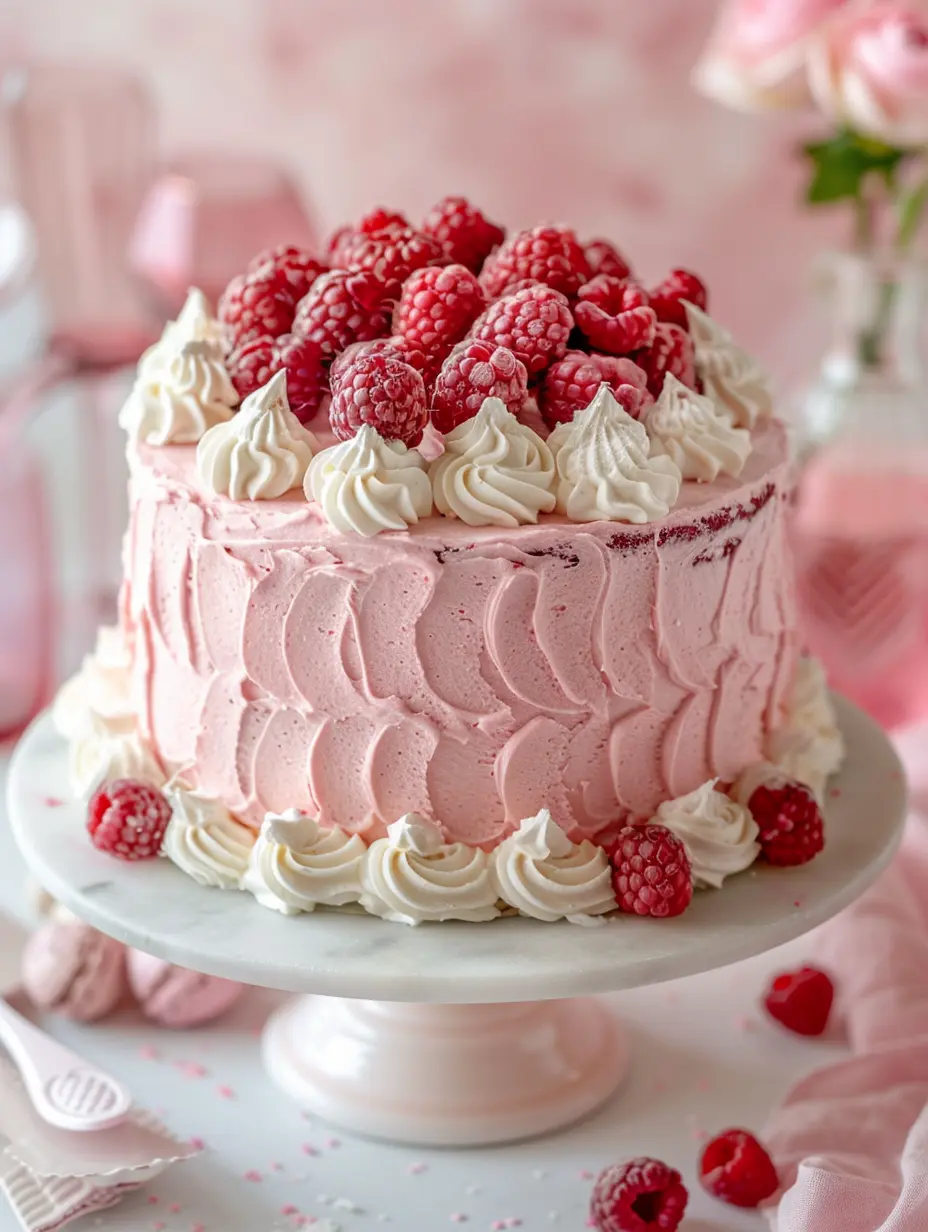 pink-velvet-cake-with-raspberries Frosted pink velvet cake with piped whipped cream and raspberries on top