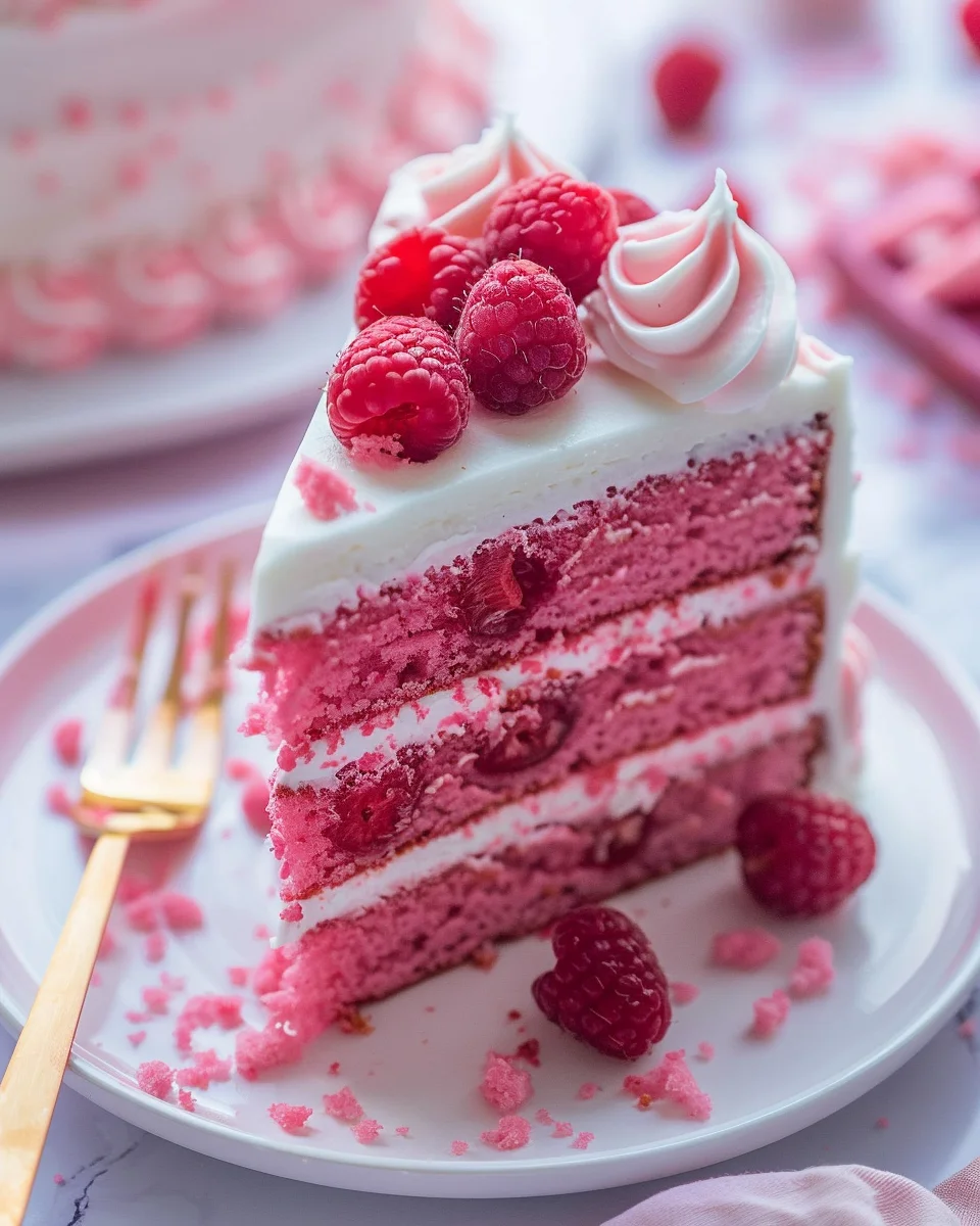 pink-velvet-cake Soft pink velvet cake slice with whipped cream and raspberries on a white plate