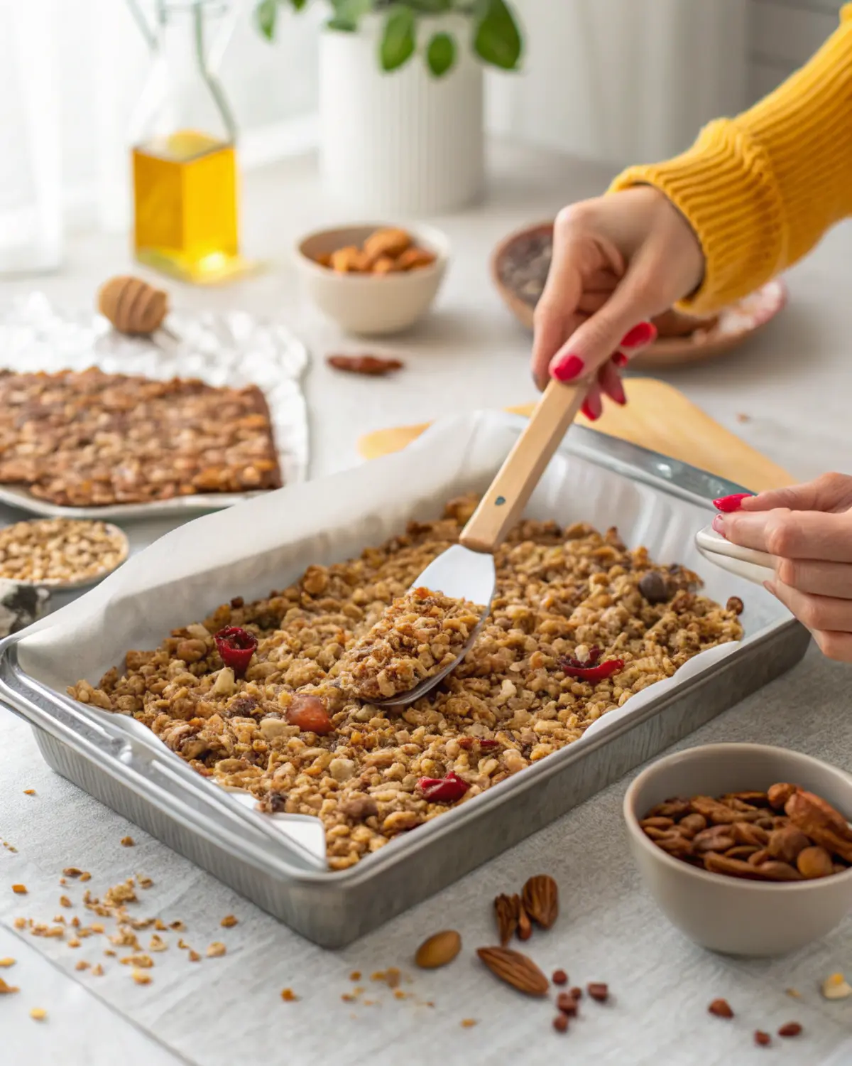protein-granola-recipe-baking-prep Spreading protein granola mixture onto foil-lined baking tray with spatula
