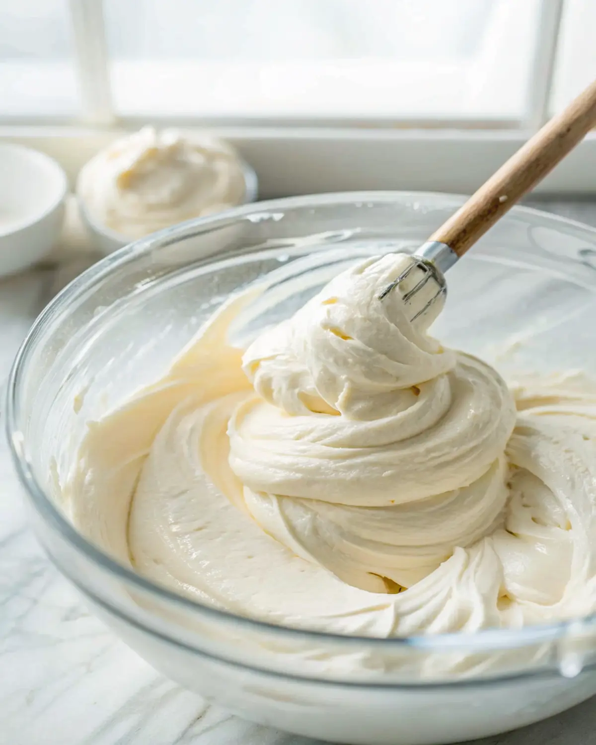 vanilla-quarter-sheet-cake-buttercream Whipped vanilla buttercream frosting in a glass bowl for a vanilla quarter sheet cake