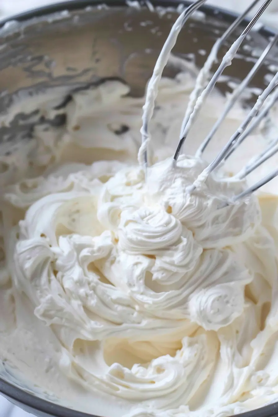 whipped-healthy-cream-cheese-frosting Whipped healthy cream cheese frosting with electric beaters in bowl